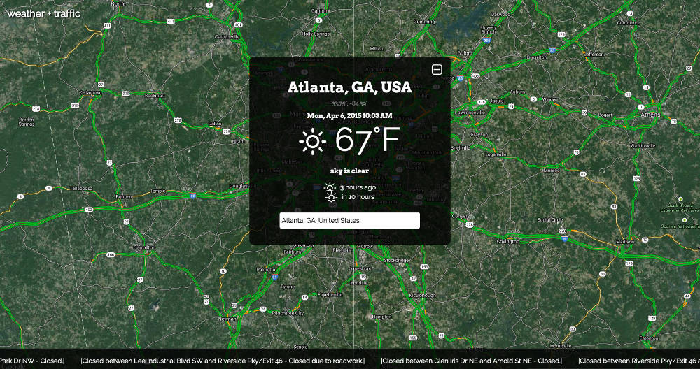 Screenshot of weather + traffic JavaScript application